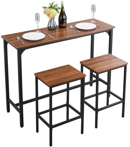 VEVOR Mesa de Bar Rectangular con 2 Taburetes 120 x 40 x 90 cm, Juego de Mesa Alta para Comedor, Metálica Fuerte Duradera, Estilo Industrial, para Cocina, Salón, Bar Estrecho, Barra Alta y Desayuno
