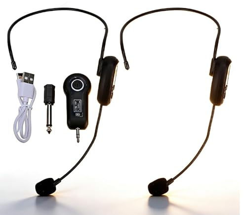 LICAEVEY Wireless Headset Microphone System, 2.4G UHF 50m Range with 6 Hours, Dual 3.5mm 6.35mm Plug for Voice Amplifier Speaker, Portable for Teaching Guide Public Speaking (1 for 2)