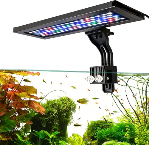 Indrnif Clip On Iluminación LED de espectro completo para acuario, lámpara de acuario modo 24/7 con 3 modos ajustables con temporizador, 10 niveles de brillo ajustables, iluminación de 18 W para