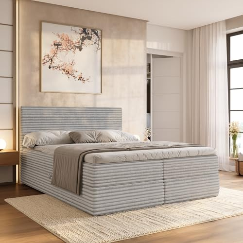 BROMARKT Boxspringbett 180x200 mit Topper Bettkasten Kopfteil Hellgrau | Dopperbett mit Matratze Bett Bed Bettgestell mit Stauraum für Schlafzimmer mit Matratzenauflage Cordstoff Boxbett MILA