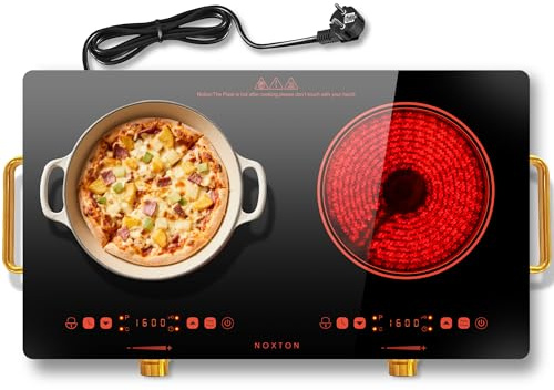 Nxton Double Ceramic Hob 30cm, Built in Electric Hob with Safety Lock & 4 Hour Timer, with 9 Power Levels, 3200W, 220-240V (Gold Konb)