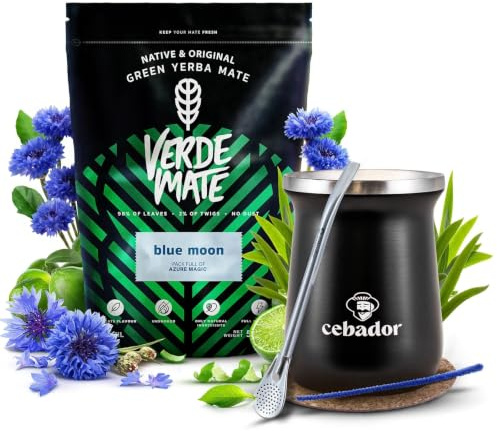 Mate Tee Set Verde Mate Yerba Mate Blue Moon Mild 500g - Mate Becher 250ml | 5mm Grobe Blätter & Staubarm, Brasilien, Luftgetrocknet & Mild im Geschmack, Edelstahl, Bombilla mit Reinigungsbürste