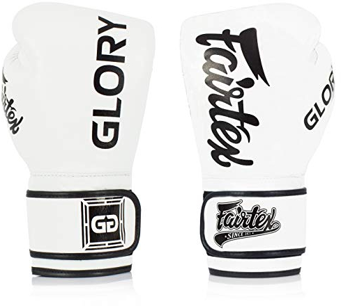 Fairtex Boxhandschuhe für Kickboxen und Muay Thai aus Leder - Offizielle Glory Kickboxing Boxhandschuhe (16oz, Weiß)