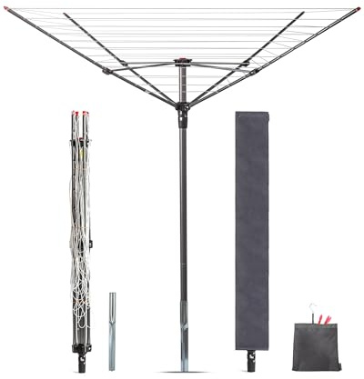 STORAGE MANIAC Outdoor Umbrella Drying Rack, 12 Lines with 164 Feet Drying Space, Steel Frame & Adjustable Height, 4-arm Umbrella Clothesline for Laundry, Collapsible Clothes Drying Rack for Backyard
