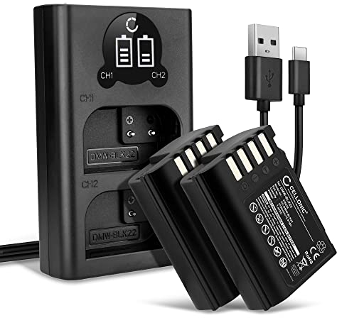 CELLONIC, Batterie pour Caméra, Compatible avec Panasonic Lumix GH5 II, DMW-BTC15, DMW-BLK22 (7.4V, 2250mAh) 2 Pièces + Double Chargeur
