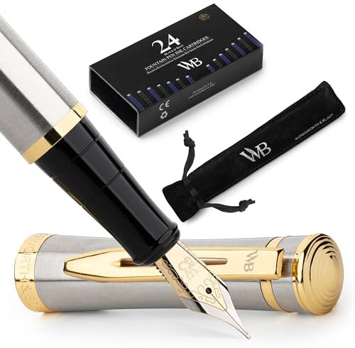 Wordsworth & Black Füllfederhalter Set, 18K Gilded Medium Nib, inkl.24er Pack Tintenpatronen,Tintenkonverter & Geschenketui,Gold Finish,Kalligraphie, [Silber Gold], Perfekt für Männer & Frauen