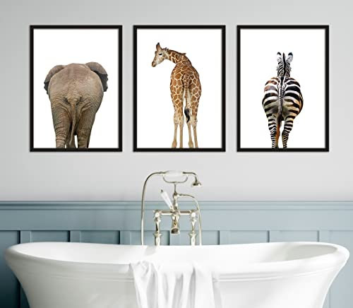 Eviepops Prints Elephant Giraffe Zebra Bum Unframed Set of 3 Safari Animal Prints in Colour, Funny Home Decor, Home Wall Art, New Home Gift, Bathroom Prints (A3)