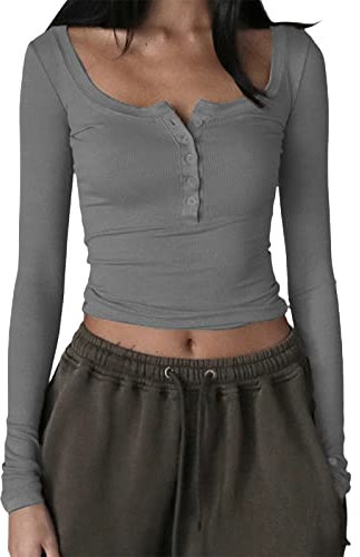 YILEEGOO Women's Casual Y2K Button Long Sleeve Slim Fit Tops Shirt Round Neck Tee Short Tops T-Shirt (Button-Gray, S)