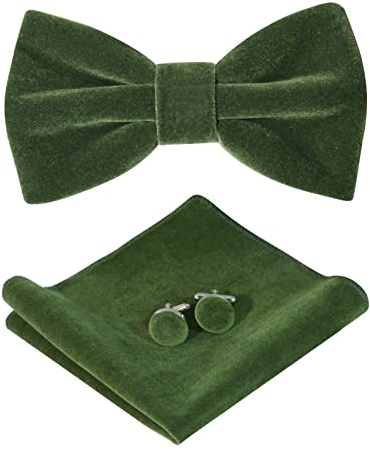 HOULIFE Fliege Herren Set - Verstellbare Fliege aus Samt Vorgebunden Fliege, einfarbige Einstecktuch, Manschettenknöpfe Set für Bräutigam Hochzeit formal mit Geschenkbox - Olivgrün