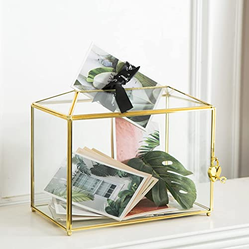 Giadun Glas-Hochzeitskartenbox mit Schlitz, große transparente Kartenbox 25,9 cm, goldfarbenes Messing, Geschenkkarten-Aufbewahrungsbox mit Schloss für Hochzeitsempfänge, Babyparty, Geburtstagsfeier,