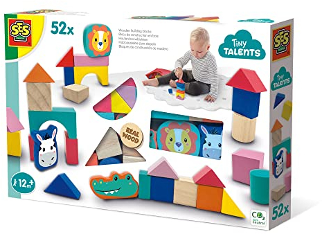 SES Creative 13143 Holzbausteine Set, 52-teilig, Bunt und Robust für Kleinkinder