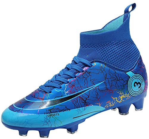 VTASQ Boys' Football Boots Kids Girls Turf High Top Spikes Non-Slip Junior Soccer Shoes Sports Shoes Soccer Athletics Training Shoes Outdoor Sneakers for Unisex Blue 1UK