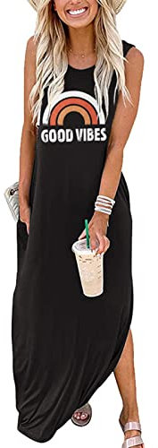 Sxkayxr Women's Summer Sleeveless Maxi Dress Casual Loose Beach Good Vibes Tshirt Dresses with Pockets Black