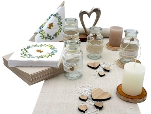 ZauberDeko Tischdeko Hochzeit Vintage Creme Spitze Leinen Herz Eukalyptus 20 Personen