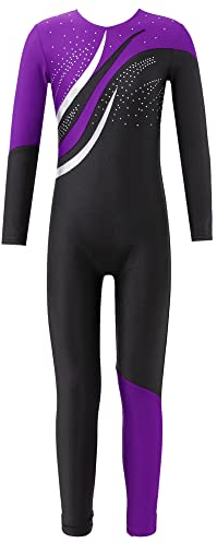 iEFiEL Mädchen Langarm Turnanzug Zweifarbig Ganzkörperanzug Sportlich Body Kinder Glitzer Gymnastikanzug Tanzkostüm Tanzanzug Violett 134-140