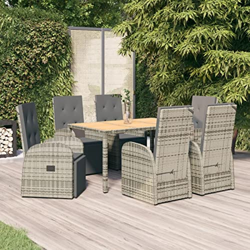 Tidyard 7-TLG. Garten Essgruppe, Terrassenmöbel Set 6 Personen, Sitzgruppe Garten, Esstisch mit Holz-Tischplatte & Hochlehner Stühle mit Sitzkissen, Gartenmöbel Set Poly Rattan Grau