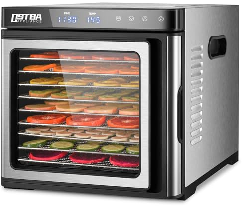 OSTBA Edelstahl Dörrautomat, 1000W Dörrgerät mit Temperaturregelung (35-75°C) und 48-Stunden-Timer, 9 Edelstahlschalen zum Trocknen von Fleisch, Gemüse und Obst, inklusive Rezeptbuch