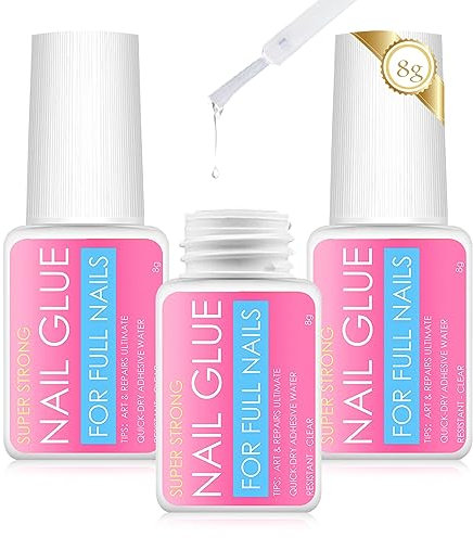 3 * 8g False Nail Glue Extra Strong,Nail Adhesive Bond Glue for Stick Press on Nails,Nail Glue Comes with Brushes, Easy to Apply to Nails, not Easy to Waste or Make a Mess