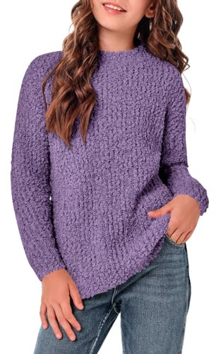 Tankaneo Ragazze Fuzzy Fleece Caldo Maglione Girocollo Sciolto Grosso Lato Fessura Pullover Felpa Tinta Unita Caldo Top, Lilla, 9-10 Anni