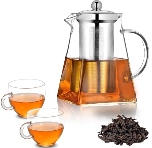 Pluiesoleil 500ML Borosilicate Glass Teapot, Loose Leaf Teapots with Infuser, Square Tea Pot with Strainer, Stovetop Microwave Safe Teapot witn 2 Cups