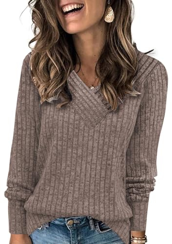 Famulily Loose Jumpers for Women V Neck, Long Sleeve Longline Sweatshirt Lightweight Knitted Pullover Tops (XL, Coffee)