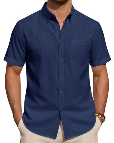 J.VER Leinenhemd Herren Kurzarm Hemd Sommer Freizeithemden Herren Casual Beach Shirts Regular Fit Männer Leinen Hemd Button Down Basic Men Shirts mit Brusttasche