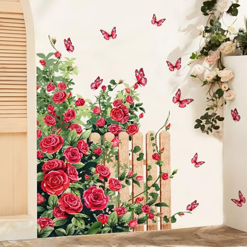 Supzone Wandtattoo Rote Rose Blume Wandaufkleber Kletterrose als Zaun Wandsticker Valentinstag für Frauen Wohnzimmer Schlafzimmer Sofa TV Hintergrund Wanddeko