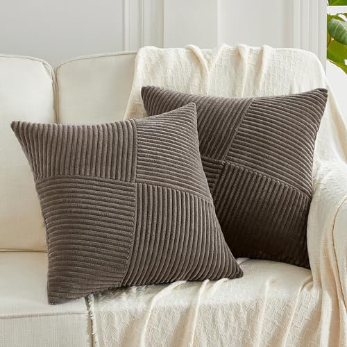 FDTERN 2er Set Dunkelbraun Boho Dekorativ Kissenbezug 40x40 mit Diagonales Gestreiftes Muster Weich Kordsamt Kissenhülle Zierkissenbezüge Sofakissen Dekokissen Deko für Sofa Schlafzimmer Wohnzimmer