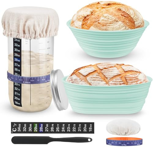 FOTEEMO Sourdough Starter Kit, 9 Inch Round & 10 Inch Oval Foldable Silicone Bread Proofing Baskets 24oz Sourdough Starter Jar Glass Sourdough Bread Baking Supplies Easy to Clean and Storage (Green)