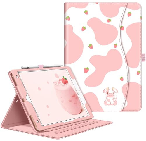 FINTIE Coque Compatible avec iPad 10.2” 9ème Génération 2021 / 8ème Gén 2020 / 7ème Gén 2019, Housse Multiposition Etui Veille/Réveil Automatique Protection des Coins, Vache Fraise
