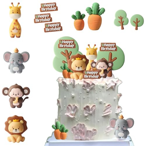 Jungle Deko Kuche, Deko Safari, Dschungel Thema Geburtstag Party, Giraffe Löwen Affe Figuren Geburtstag Torten Deko, Waldtiere Kuchen, Geburtstagstorte Safari Deko für 1 Jahr Junge Mädchen