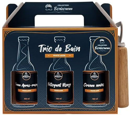 Coffret Barbe Homme - Baume Après Rasage 100ml, Nettoyant Visage 100ml, Crème Mains 100ml - Senteur Musc Blanc - Kit Soin Rasage, Peau, Barbe, Bien Etre - Cadeau Homme Original - French Tendance
