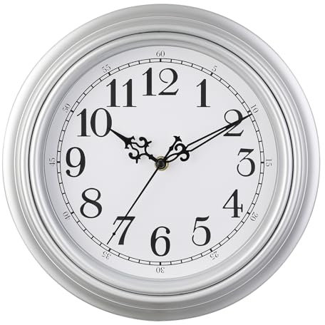 Plumeet Wanduhr Klassisch 30cm Ruhige Retro Wanduhr ohne Tickgeräusche für Wohnzimmer - Schlafzimmer - Batteriebetrieben, Silbrig