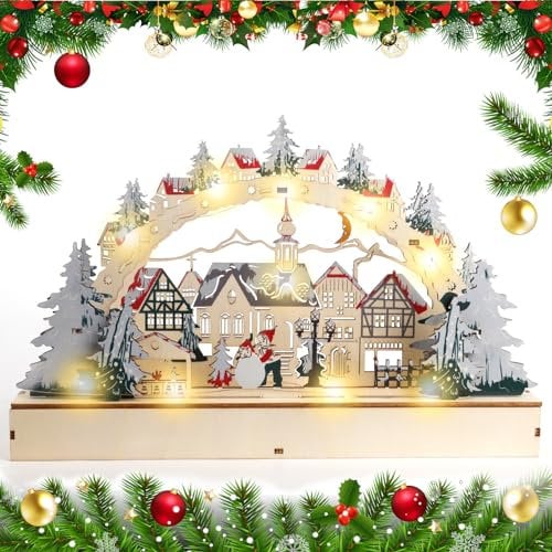 NEMMXUB Schwibbogen Erzgebirge, Lichterbogen Weihnachten, LED Beleuchtung mit 3D-Effekt, Lichterbogen aus Holz für Weihnachten, Batteriebetrieben, 32 cm Breite, Weihnachtsdeko Beleuchtet