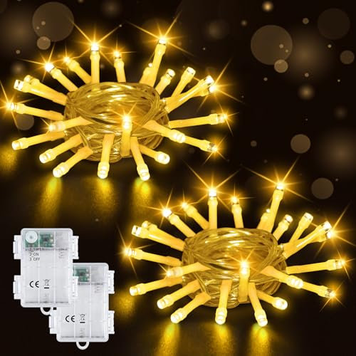 Bzavor 2 Stück Lichterkette Outdoor Batterie,2M 20 LED Lichterkette mit Batterie,Lichterkette Außen Batterie Timer 6h,IP65 Wasserdicht Weihnachtsbaum Lichterkette für Deko Weihnachten Halloween Herbst