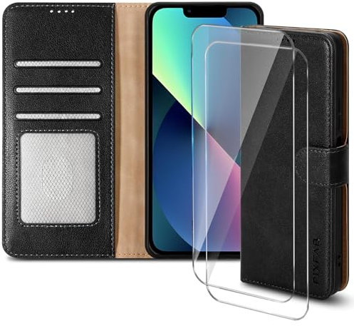 PIXFAB for Apple iPhone 13 Case with 2 x Screen Protector Tempered Glass, Leather Wallet Phone Case, Magnetic Book Flip Folio Cover [RFID Protection & Card Slots] and [Kickstand] - Black