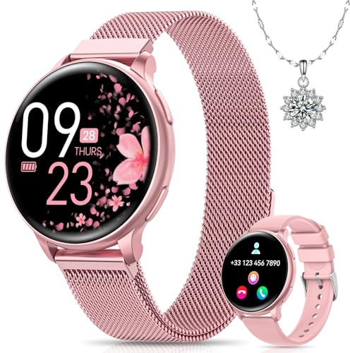 BANLVS Smartwatch Damen mit Telefonfunktion, 1.27“ HD Uhren Damen mit 110 Sportmodi, Pulsmesser, Schlafmonitor, Menstruationszyklus, SpO2 und BMI, IP68 Wasserdicht Smartwatch für Android iOS, Rosa