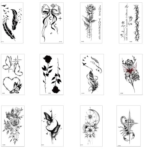 Qpout Tatouages temporaires noirs pour enfants et adultes, faux tatouages pour hommes, femmes, filles et garçons, tatouages temporaires de plumes, papillons, fleurs, totems tribaux
