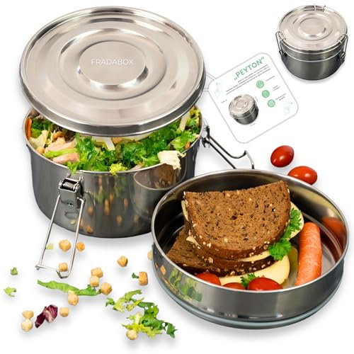 FRADABOX® Lunchbox „Peyton“ 2000ml, bis zu 2 Etagen, Premium Edelstahl Dose Rund mit Fächer, Meal Prep Bento Box, Salat Bowl BPA-frei, Brotdose groß für Erwachsene, spülmaschinenfest und auslaufsicher