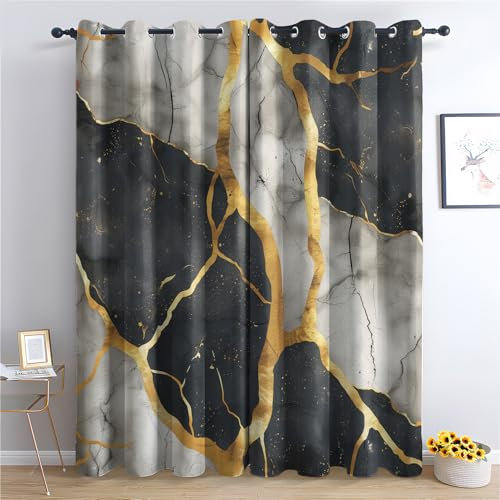 DlaQoryx Schwarz Grau Gold Marmor Vorhänge Mit ösen Modern Luxus Vorhang Verdunkelung, Schlafzimmer Wohnzimmer Deko Gardinen, 220x140 cm(HxB) Curtains 2er Set