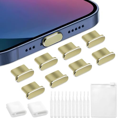 8 pcs Dust Plug for iPhone, VEINARDYL USB C Charging Port Protector Cap with 10 Cleaning Brush, Headphone Jack Dust Plug Charger Cover compatible with iPhone 15/16 Plus Pro Max iPad 10th/ Air-Yellow
