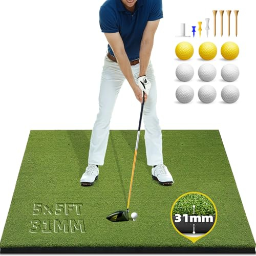 Golf-Schlagmatte, 1,5 x 1,5 m, 31 mm, verdickte Golfmatten, Übungshilfen für Außen- und Innenbereich, Kunstrasen-Trainingshilfen für Hinterhof, Fahren, Schaukeln, Chipping, mit 8 Tees, 9 Bällen