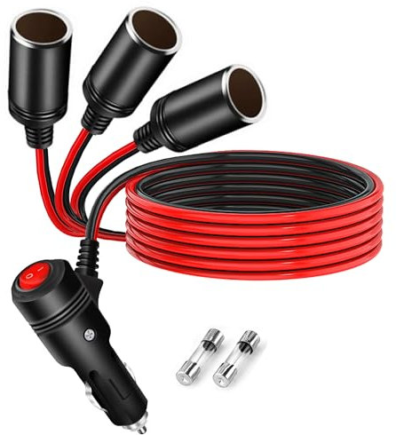 MISYNLON Distribuidor de encendedor de cigarrillos con interruptor, 12 V-24 V, cable de extensión con encendido/apagado, adaptador en Y de 3 vías con puerto de cargador dual de 15 A, 1 m