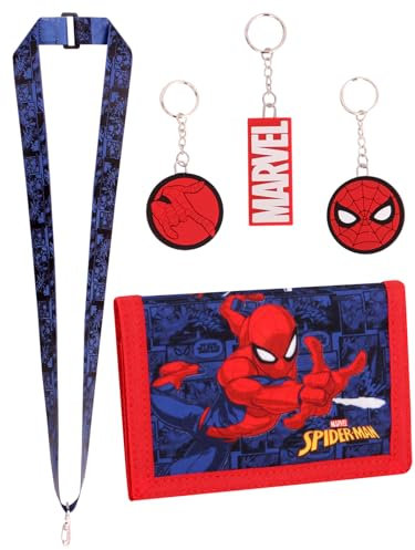 Marvel Ensemble de 3 porte-clés et lanière Spiderman pour garçons – Portefeuilles en toile avec porte-monnaie zippé et emplacements pour cartes., bleu, Moderne