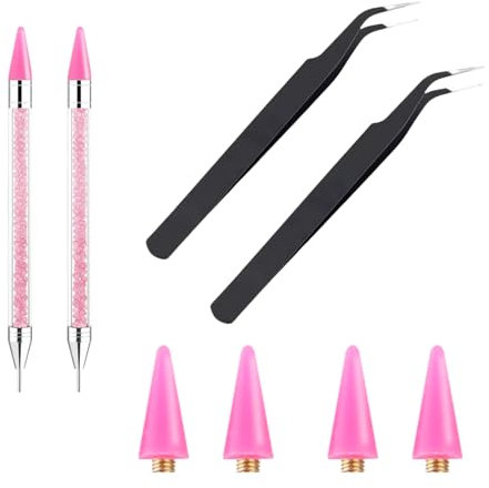 8 Pcs Kit Rhinestone Picker Tool & Pen | Dual-Ended Nail Art Applicator with 4 Wax Tips +2 Tweezer | 2 Rhinestone Pick-Up, Dotting Wax Pen for DIY Manicure, Craft Gem Setting