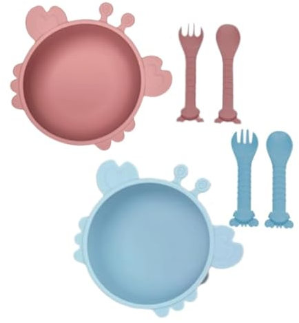 2 Cuenco Bebé Antivuelco con Ventosa | Tazones de Silicona Antideslizantes para Bebés 6-48 Meses | Incluye 2 Cucharas + 2 Tenedores | BPA-Free, Aptos Lavavajillas