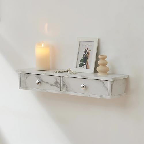 [en.casa] Wandregal Geeste Nachttisch hängend mit 2 Schubladen Nachtschrank Wandmontage Hängeregal 60 x 15 x 10 cm Schweberegal Marmoroptik, weiß