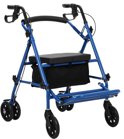 Rollator Rollstuhl 3-in-1, Faltbarer Rollator mit Fußstützen, Sitz & Gummireifen, Leichtgewicht Gehwagen Tragkraft 180kg, Transport-Stuhl mit Bremssitz und Rückenlehne für Senioren (Eisen)