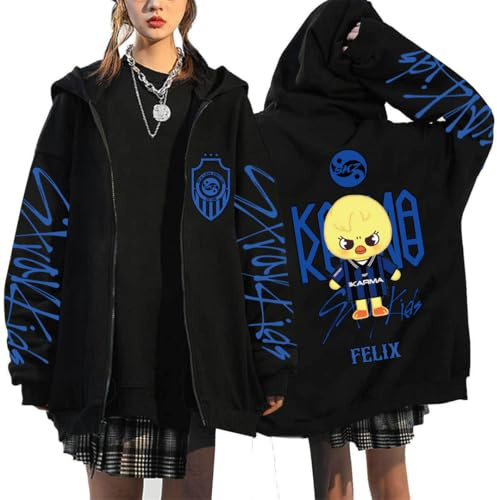 BaeKnyin Donna Uomo Zip Up Stray-k1d Felpe con Cappuccio E-Girl Maglie Gotico Harajuku Giacche Hyunjin Han Felix Seungmin I.N Sweatshirt XS,Black2-1