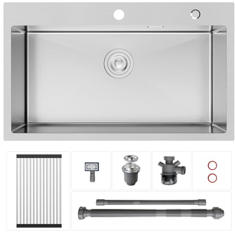 CECIPA Lavello Cucina 1 Vasca 75 x 45 cm, Lavandino Cucina Acciaio Inox 304 | Lavello con Tenda a Rullo Scarico, per Mobile di lunghezza 80cm, da Incasso o Banco, con Sifone e Scarico